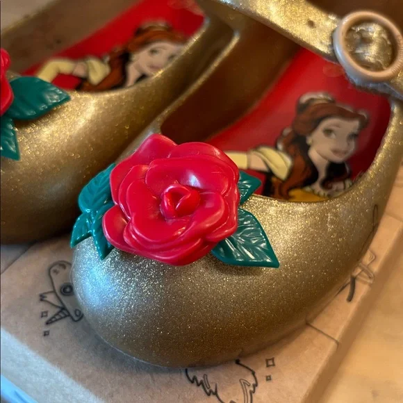 Mini Melissa Gold Belle Dress Shoes with Red Rose Accent - Picture 2 of 9